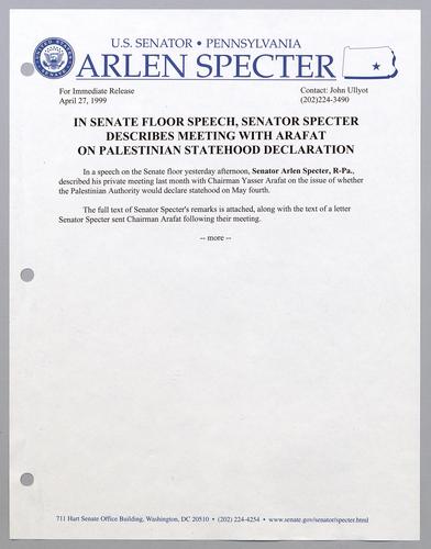 In Senate floor speech, Senator Specter describes meeting with Arafat on Palestinian statehood declaration
