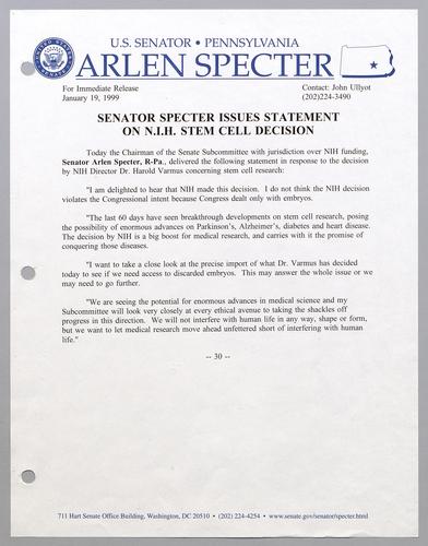 Senator Specter issues statement on NIH stem cell decision