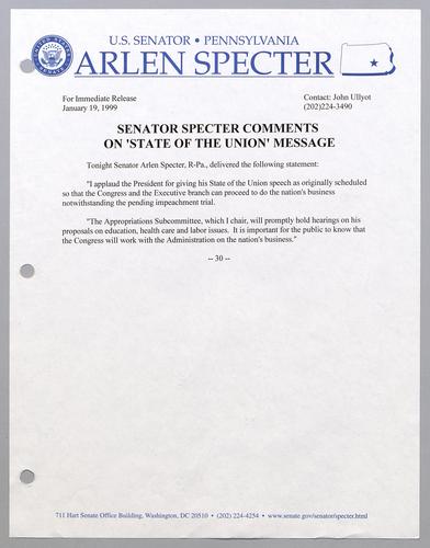 Senator Specter comments on "State of the Union" message