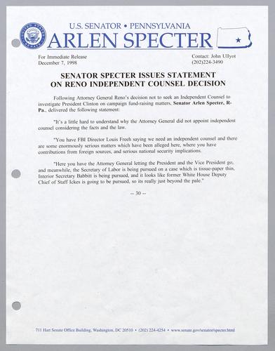 Senator Specter issues statement on Reno independent counsel decision