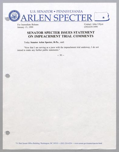 Senator Specter issues statement on impeachment trial comments