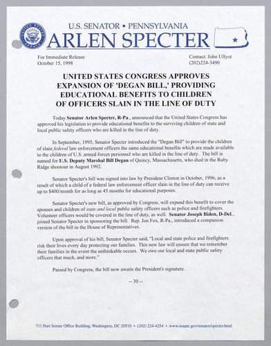 United States Congress approves expansion of "Degan Bill," providing educational benefits to children of officers slain in the line of duty