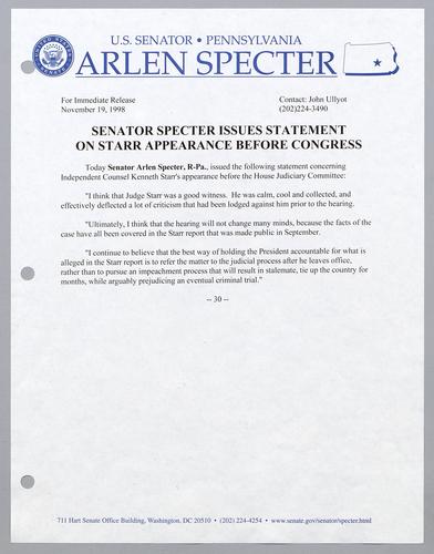 Senator Specter issues statement on Starr appearance before Congress