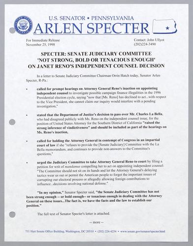 Specter: Senate Judiciary Committee "not strong, bold, or tenacious enough" on Janet Reno's independent counsel decision