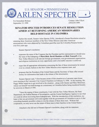 Senator Specter introduces Senate resolution aimed at returning American missionaries held hostage in Columbia