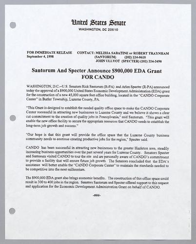 Santorum and Specter announce $900,000 EDA grant for CANDO
