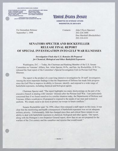 Senators Specter and Rockefeller release final report of special investigation into Gulf War illnesses
