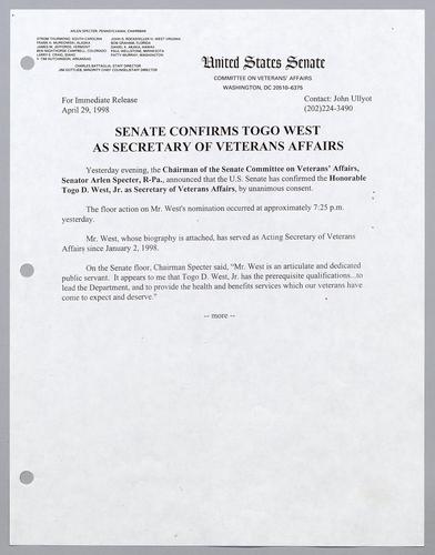 Senate confirms Togo West as Secretary of Veterans Affairs
