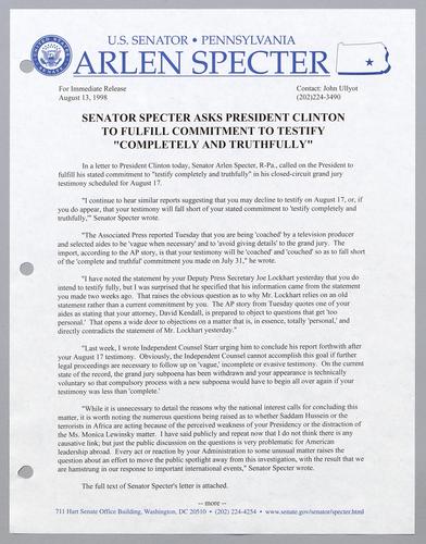 Senator Specter asks President Clinton to fulfill commitment to testify "completely and truthfully,"