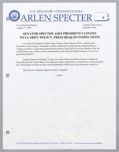 Senator Specter asks President Clinton to clarify policy, press Iraq on inspections