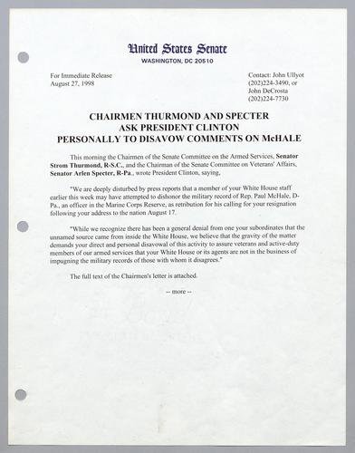 Chairmen Thurmond and Specter ask President Clinton personally to disavow comments on McHale