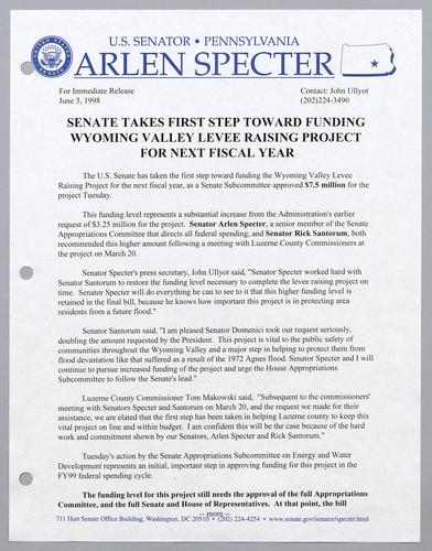 Senate takes first step toward funding Wyoming Valley levee raising project for next fiscal year