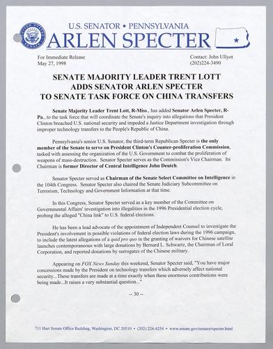 Senate majority leader Trent Lott adds Senator Arlen Specter to Senate task force on China transfers