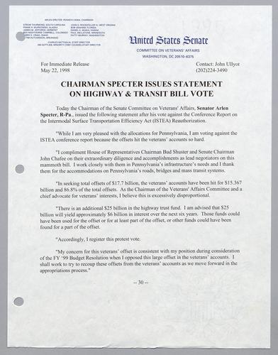 Chairman Specter issues statements on highway and transit bill vote