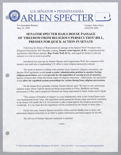 Senator Specter hails House passage of "freedom from religious persecution" bill, presses for quick action in Senate