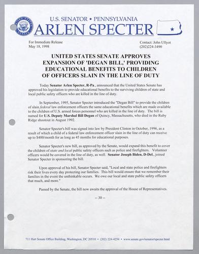 United States Senate approves expansion of "Degan Bill," providing educational benefits to children of officers slain in the line of duty