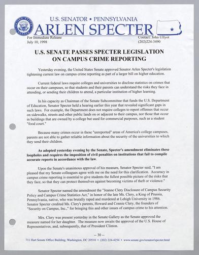 U.S. Senate passes Specter legislation on campus crime reporting