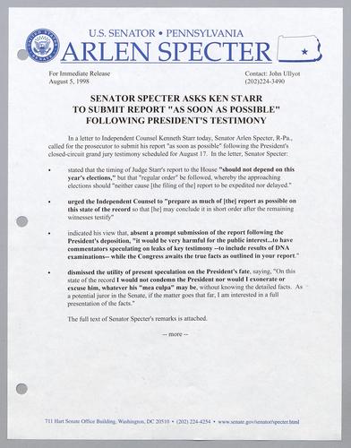 Senator Specter asks Ken Starr to submit report "as soon as possible" following President's testimony