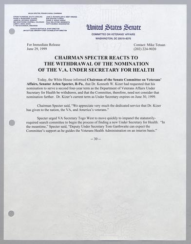 Chairman Specter reacts to the withdrawal of the nomination of the VA Under Secretary for Health