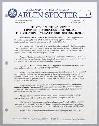 Senator Specter announces complete restoration of $25 million for Scranton-Olyphant flood control project