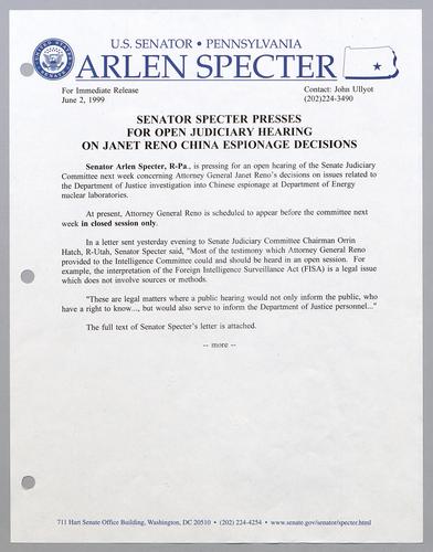 Senator Specter presses for open judiciary hearing on Janet Reno China espionage decisions