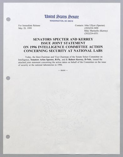 Senators Specter and Kerrey issue joint statement on 1996 Intelligence Committee action concerning security at national labs