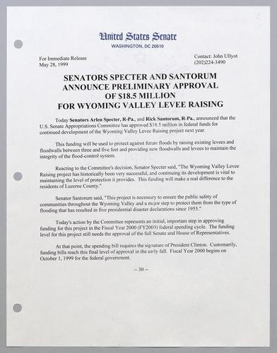 Senators Specter and Santorum announce preliminary approval of $18.5 million for Wyoming Valley levee raising