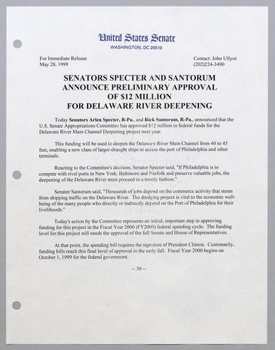 Senators Specter and Santorum announce preliminary approval of $12 million for Delaware River deepening