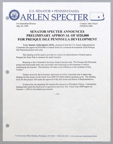 Senator Specter announces preliminary approval of $520,000 for Presque Isle peninsula development