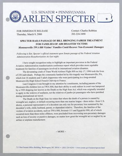 Specter hails passage of bill bringing fairer treatment for families of air disaster victims