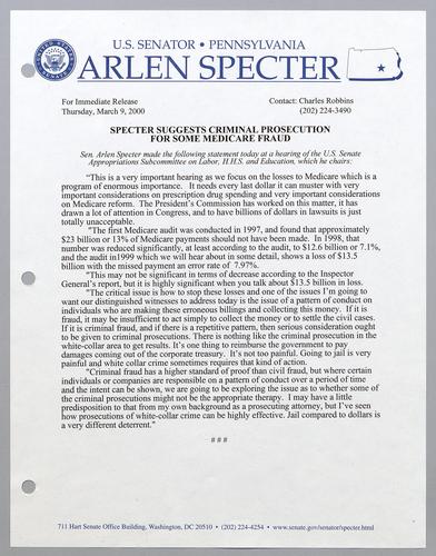 Specter suggests criminal prosecution for some Medicare fraud