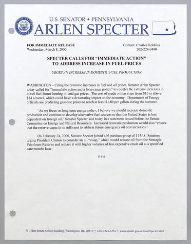 Specter calls for "immediate action" to address increase in fuel prices