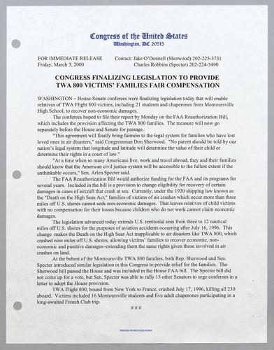 Congress finalizing legislation to provide TWA 800 victims' families fair compensation