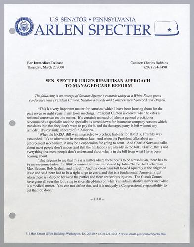 Senator Specter urges bipartisan approach to managed care reform