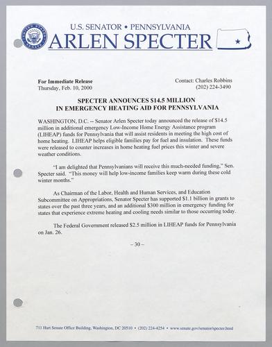 Specter announces $14.5 million in emergency heating aid for Pennsylvania