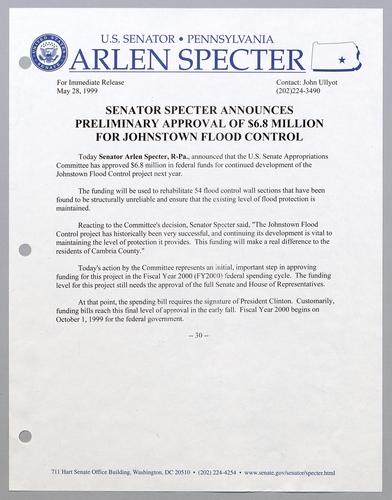 Senator Specter announces preliminary approval of $6.8 million for Johnstown flood control