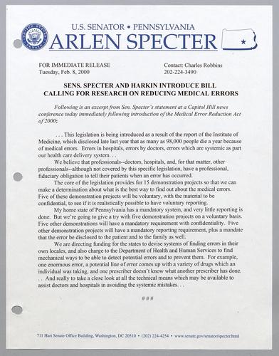 Senators Specter and Harkin introduce bill calling for research on reducing medical errors
