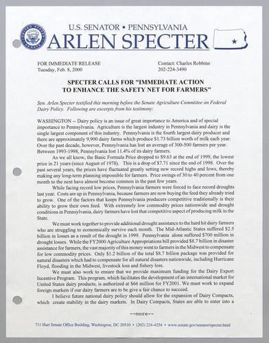 Specter calls for "immediate action to enhance the safety net for farmers,"