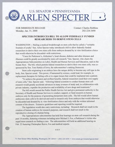 Specter introduces bill to allow federally funded researchers to derive stem cells
