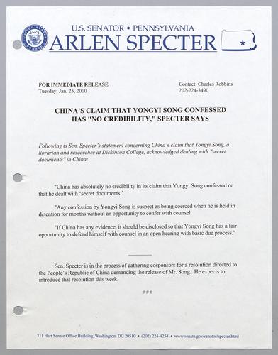 China's claim that Yongyi Song confessed has "no credibility," Specter says