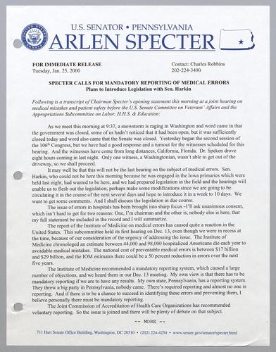Specter calls for mandatory reporting of medical errors