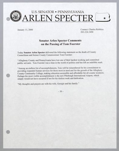Senator Arlen Specter comments on the passing of Tom Foerster