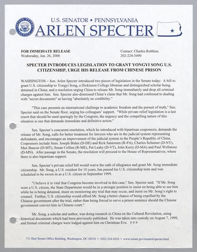Specter introduces legislation to grant Yongyi Song U.S. citizenship, urge his release from Chinese prison