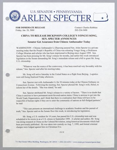China to release Dickinson College's Yongyi Song, Senator Specter announces
