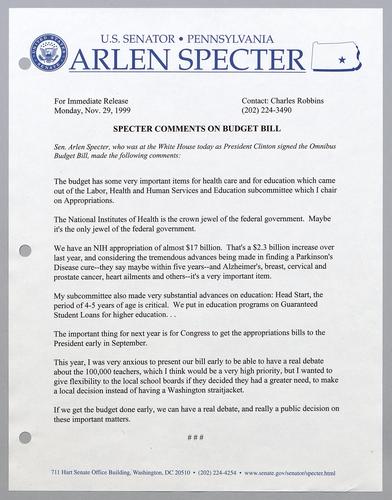 Specter comments on budget bill