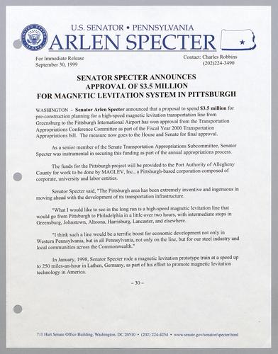 Senator Specter announces approval of $3.5 million for magnetic levitation system in Pittsburgh