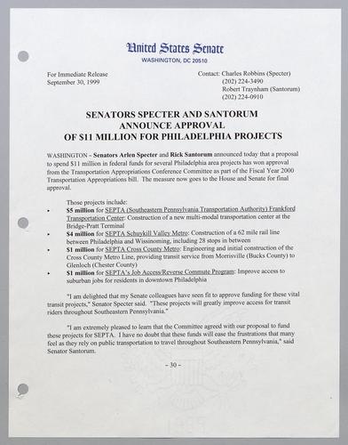 Senators Specter and Santorum announce approval of $11 million for Philadelphia projects