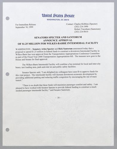Senators Specter and Santorum announce approval of $1.25 million for Wilkes-Barre intermodal facility