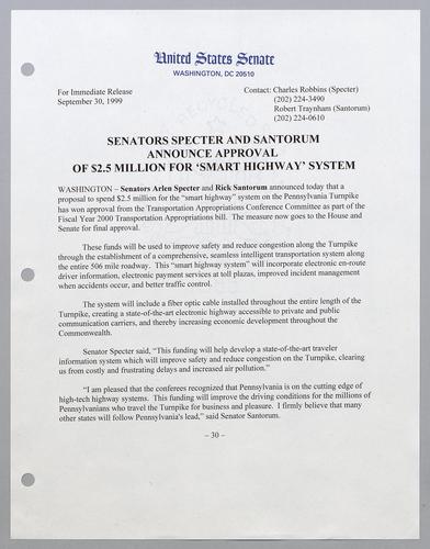 Senators Specter and Santorum announce approval of $2.5 million for "smart highway" system