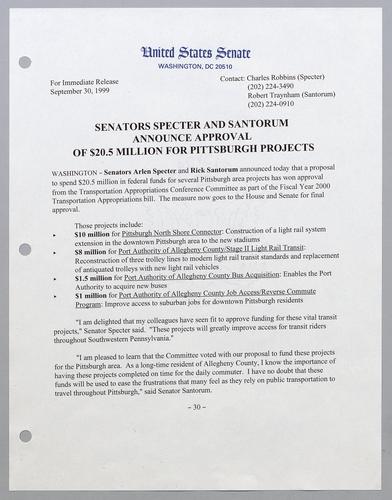 Senators Specter and Santorum announce approval of $20.5 million for Pittsburgh projects